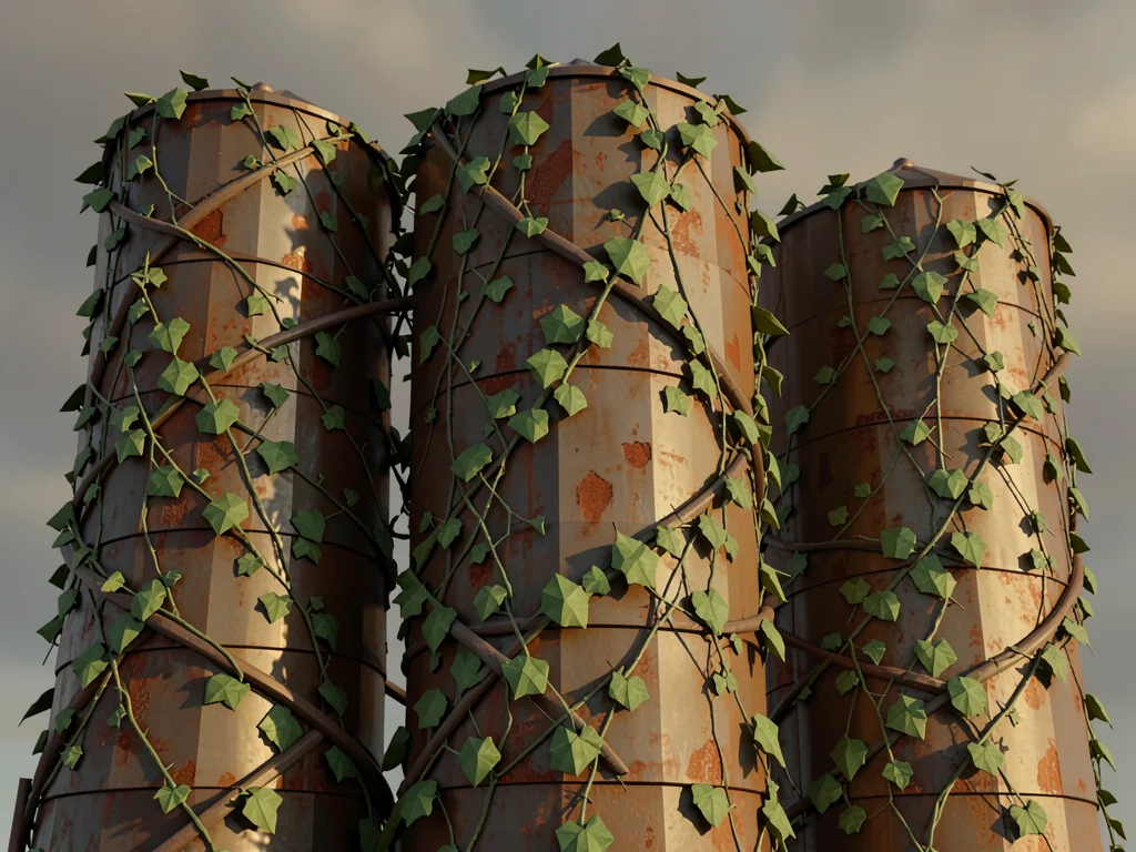 Geometric grain silos wrapped in spiraling polygonal kudzu, faceted rust patches