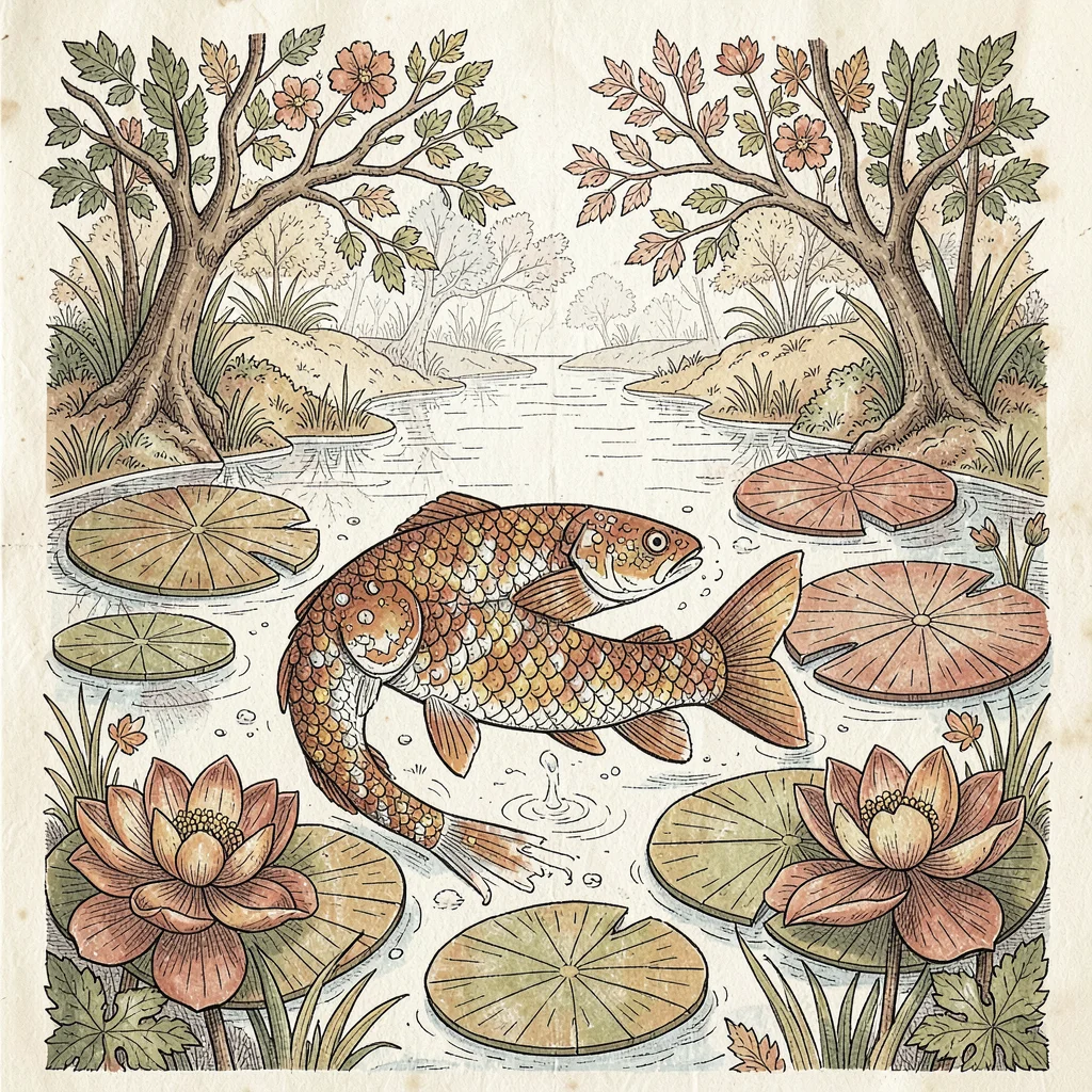 Kalamkari pen illustration, fish swimming in pond with lily pads , hand-drawn pe