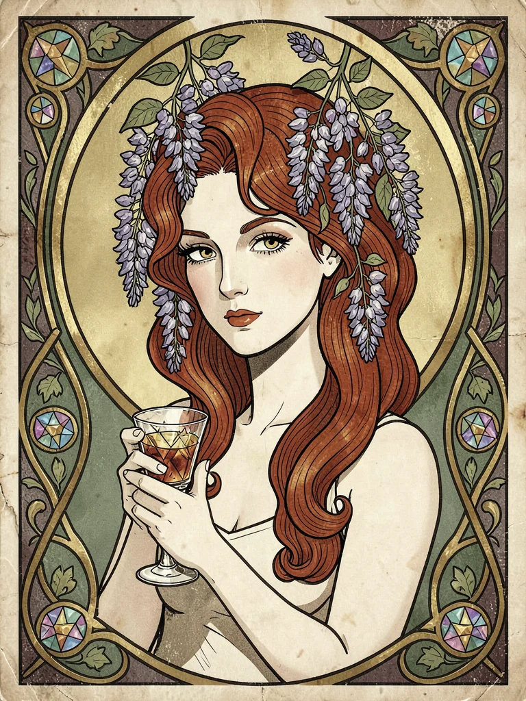Art Nouveau woman with wisteria and absinthe