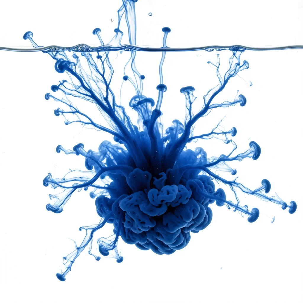 Ink bloom in very cold water, slow diffusion creating tight controlled shapes wi