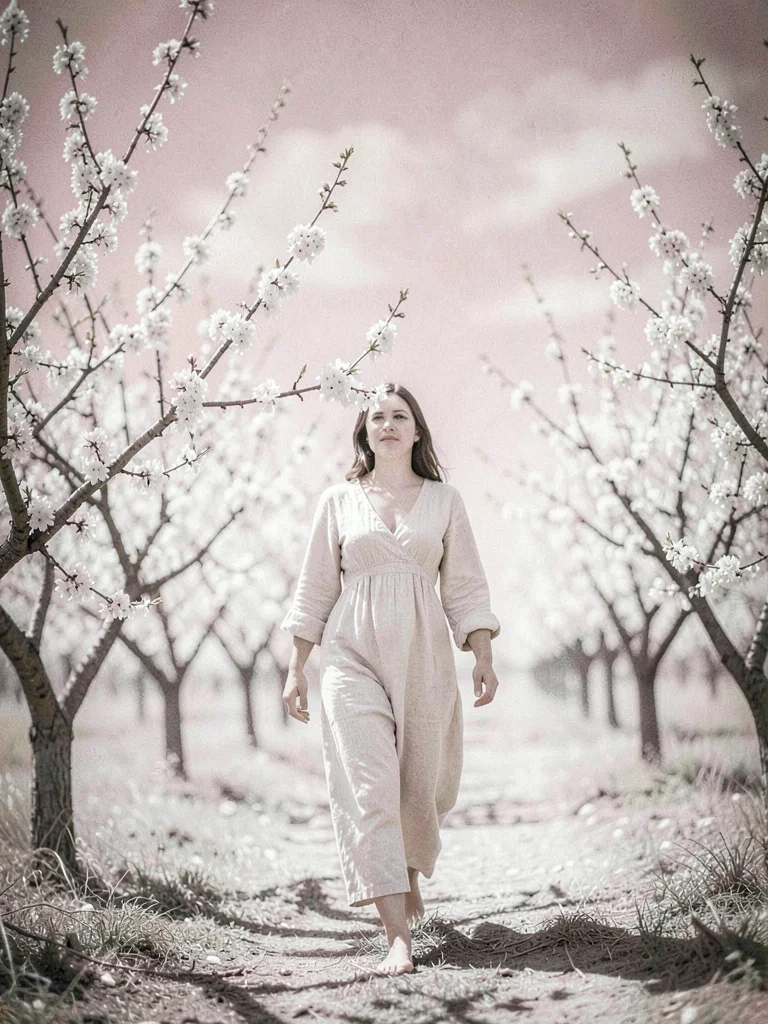 Woman in a pale linen dress walking through an orchard with white blossoms reach