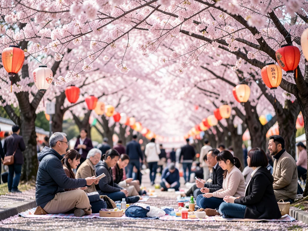 Cherry blossom festival with people picnicking under pink canopy of flowers, lan