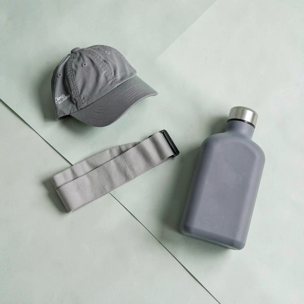 Color-block flatlay of running accessories on flat sage paper, moisture-wicking 