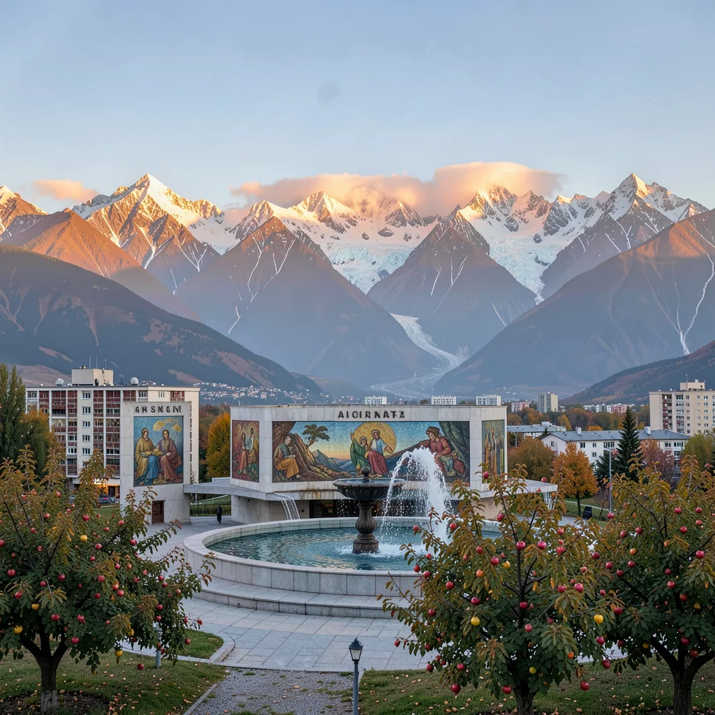 Tian Shan mountains behind Soviet Almaty, Soviet fountain plaza with mosaic mura