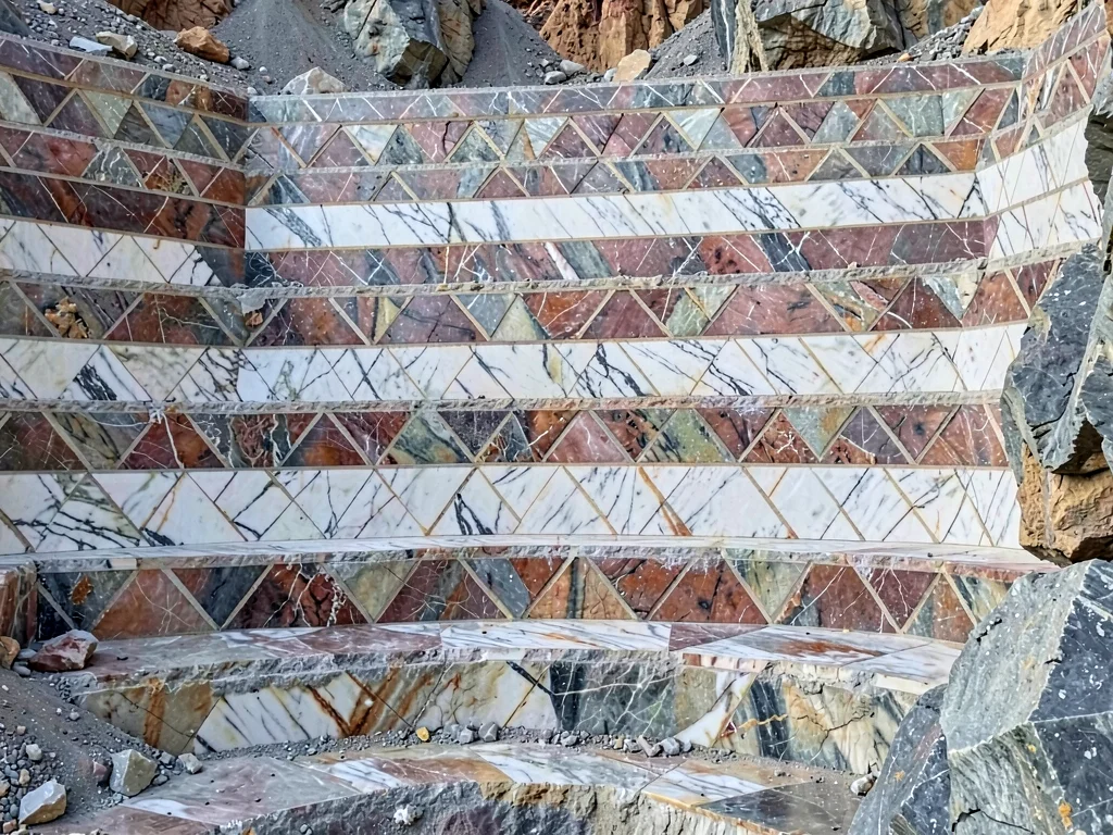 Quarry wall showing horizontal extraction layers as stripes