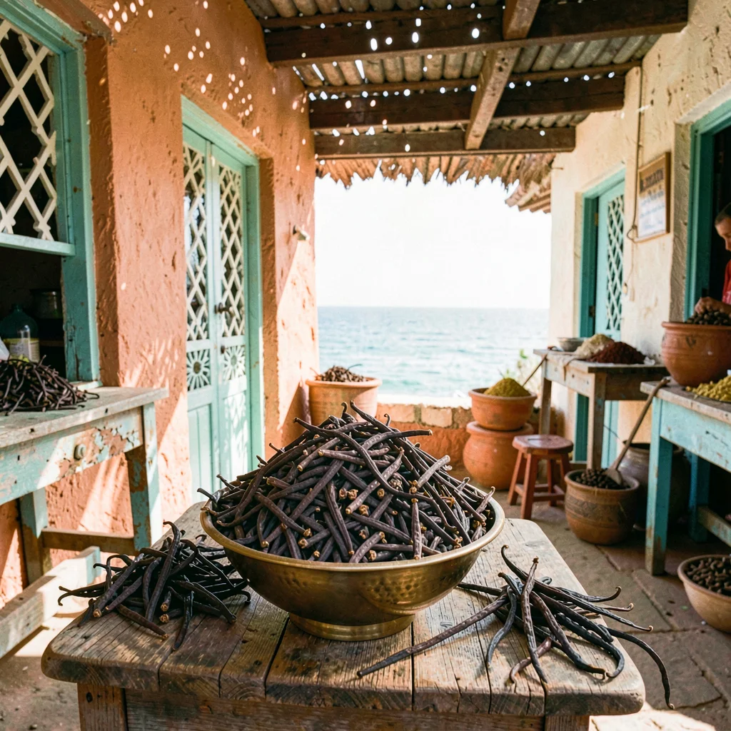 Coastal architecture photograph with Swahili influences, Pile of whole cloves fi