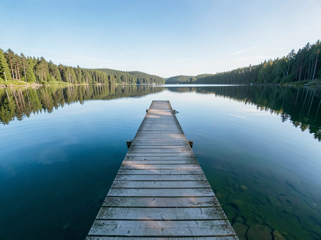 Finnish lake mirror, dead-calm reflection, a wooden dock extending into a Finnis