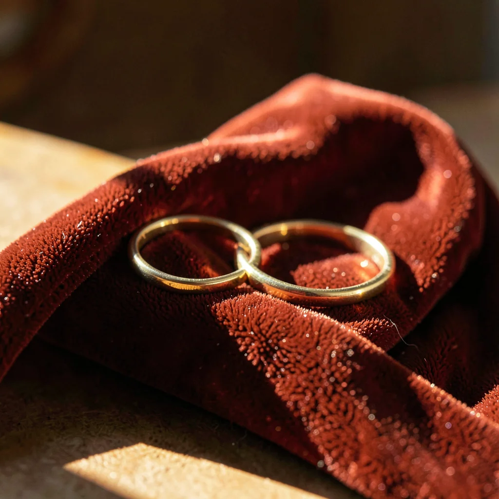 Warm still-life of two simple gold bands resting on a folded velvet ribbon, raki