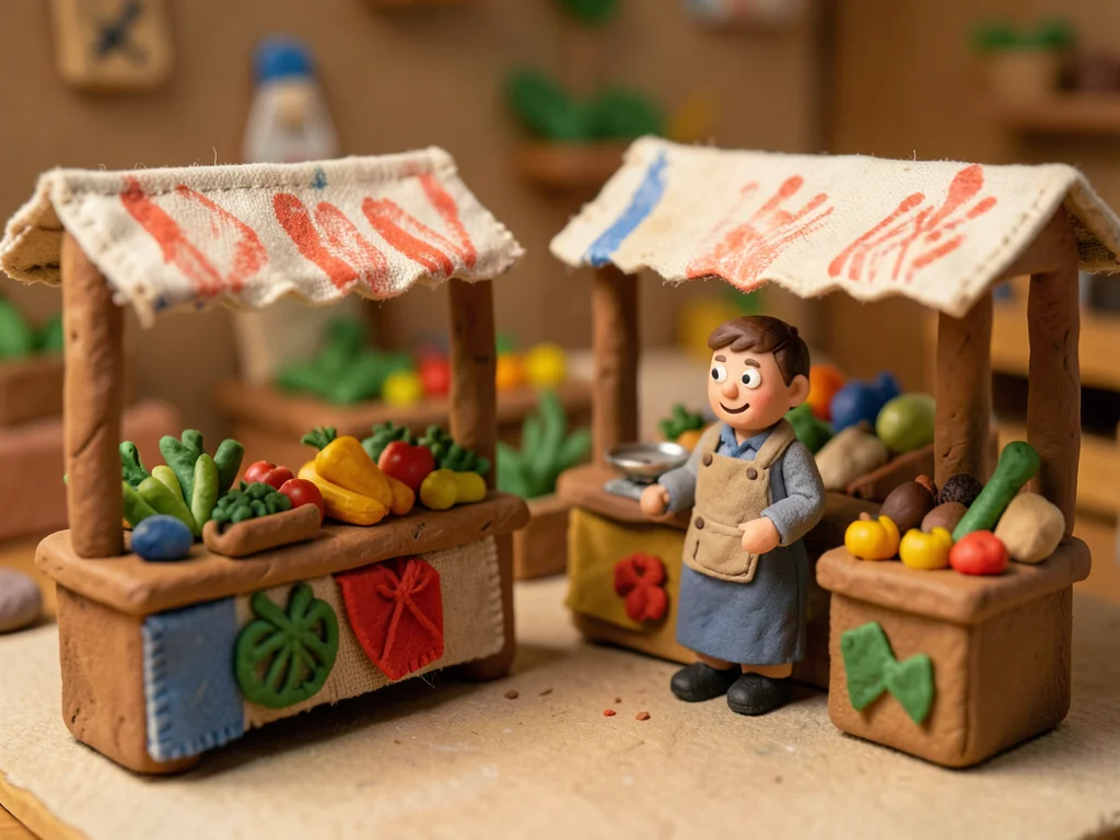 A clay farmer's market: tiny stalls with plasticine vegetables, a clay vendor wi