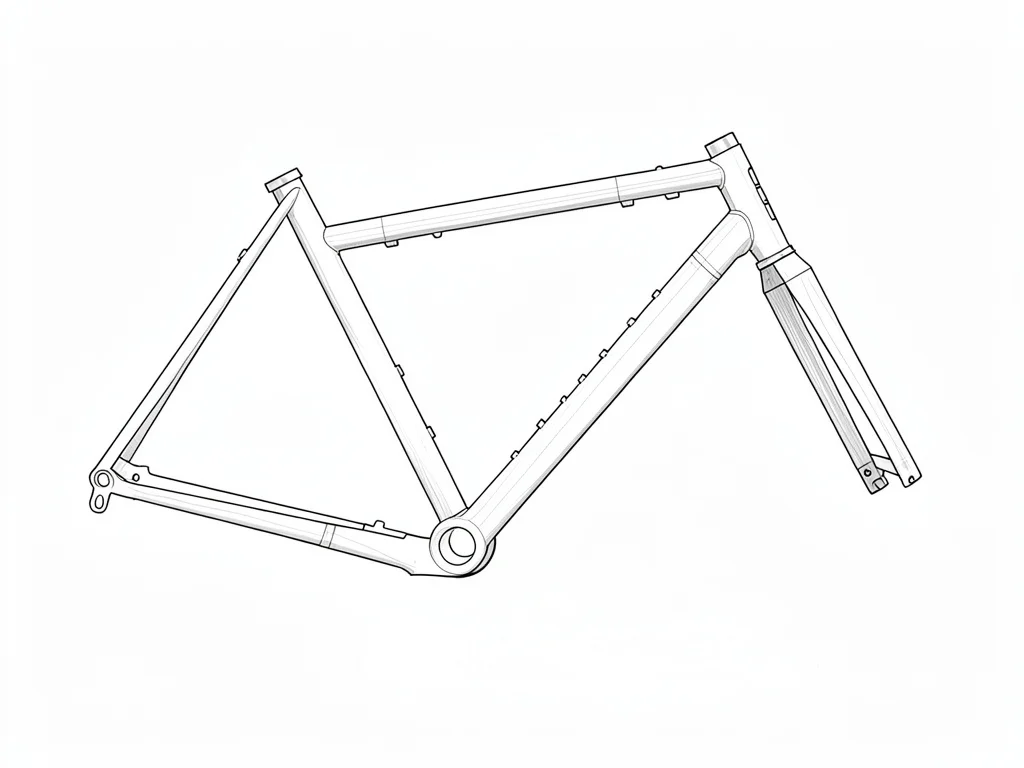 A technical plate of a step-through bicycle frame in side elevation, no wheels a