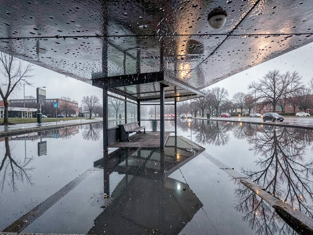 Bus shelter reflected in rain