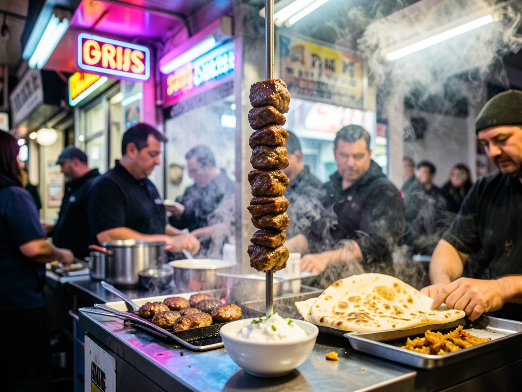 A souvlaki stand in Athens, meat turning on a vertical spit, pita warming, tzatz