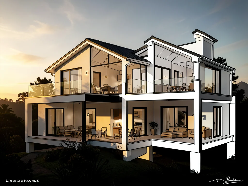 House photo transitioning to architectural cross-section, rooms visible, drawn s