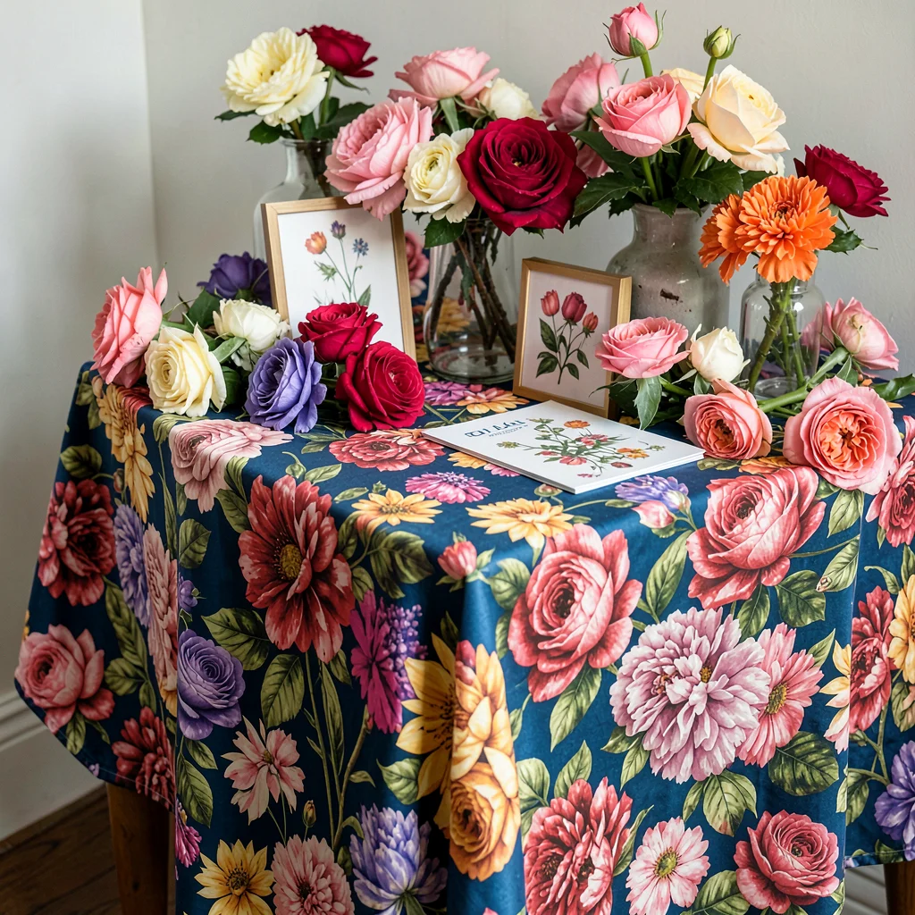 A side table covered in competing floral tablecloth, flowers, and botanical prin