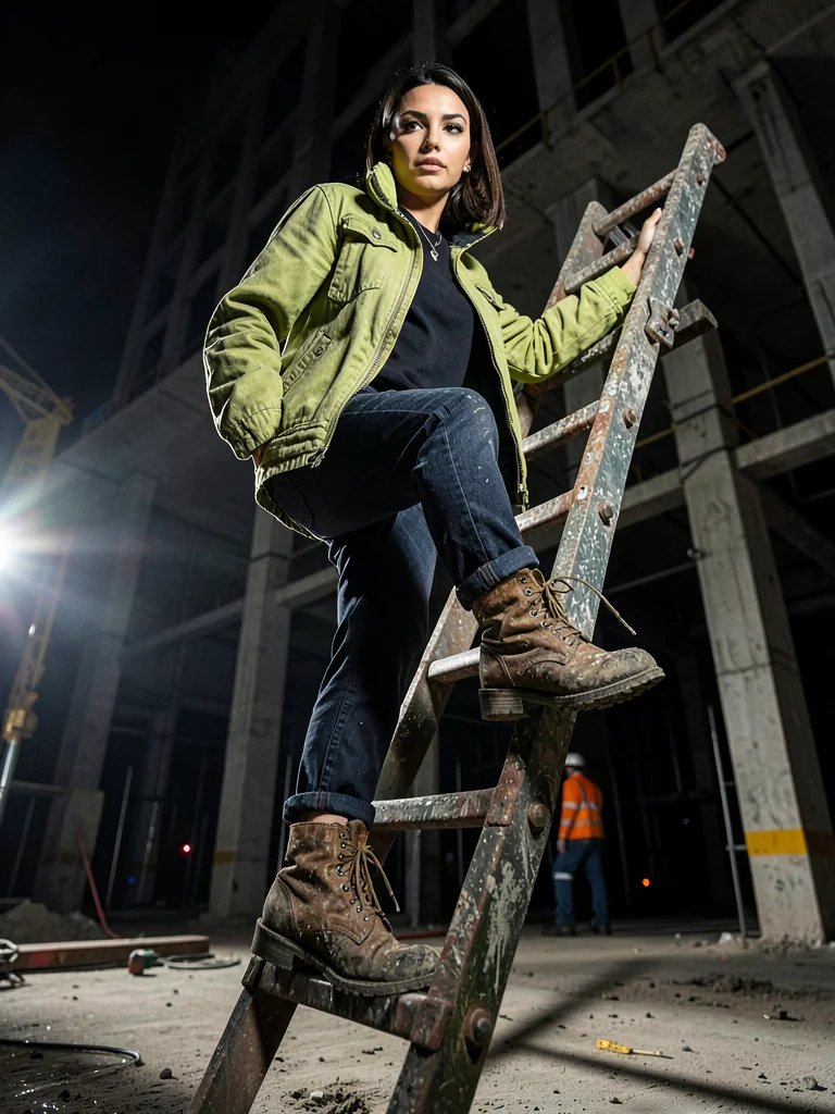 Muddy boots ascending ladder, low angle power shot, ascension editorial