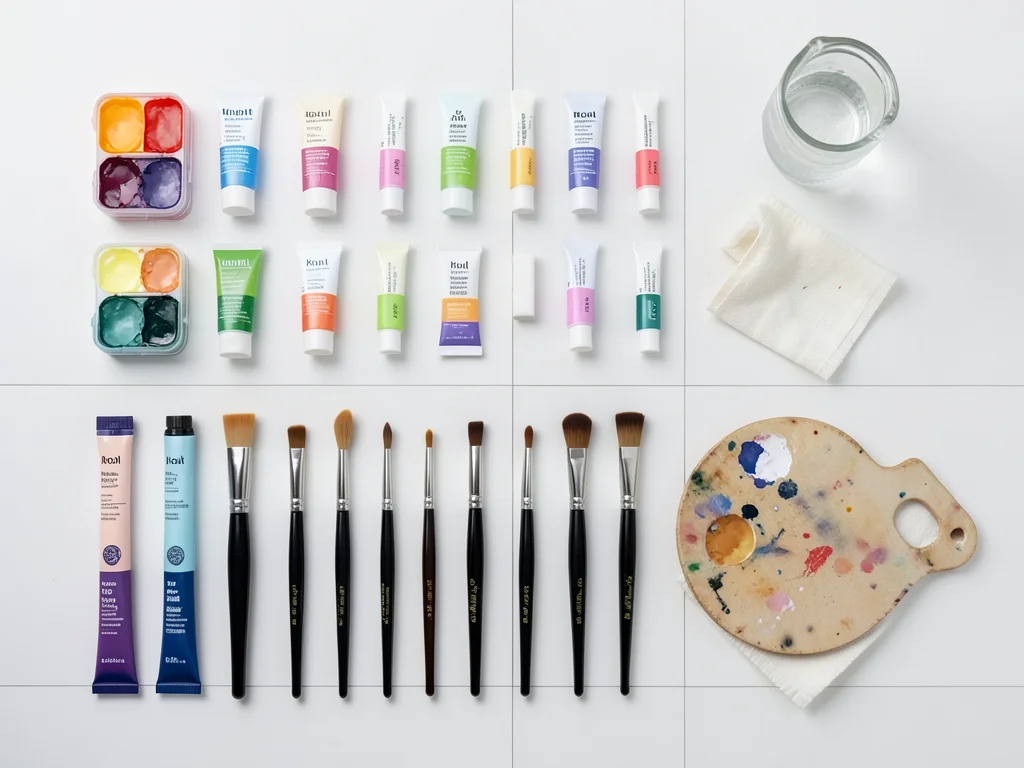 A watercolor paint set: tubes arranged by color, brushes graded by size, a palet