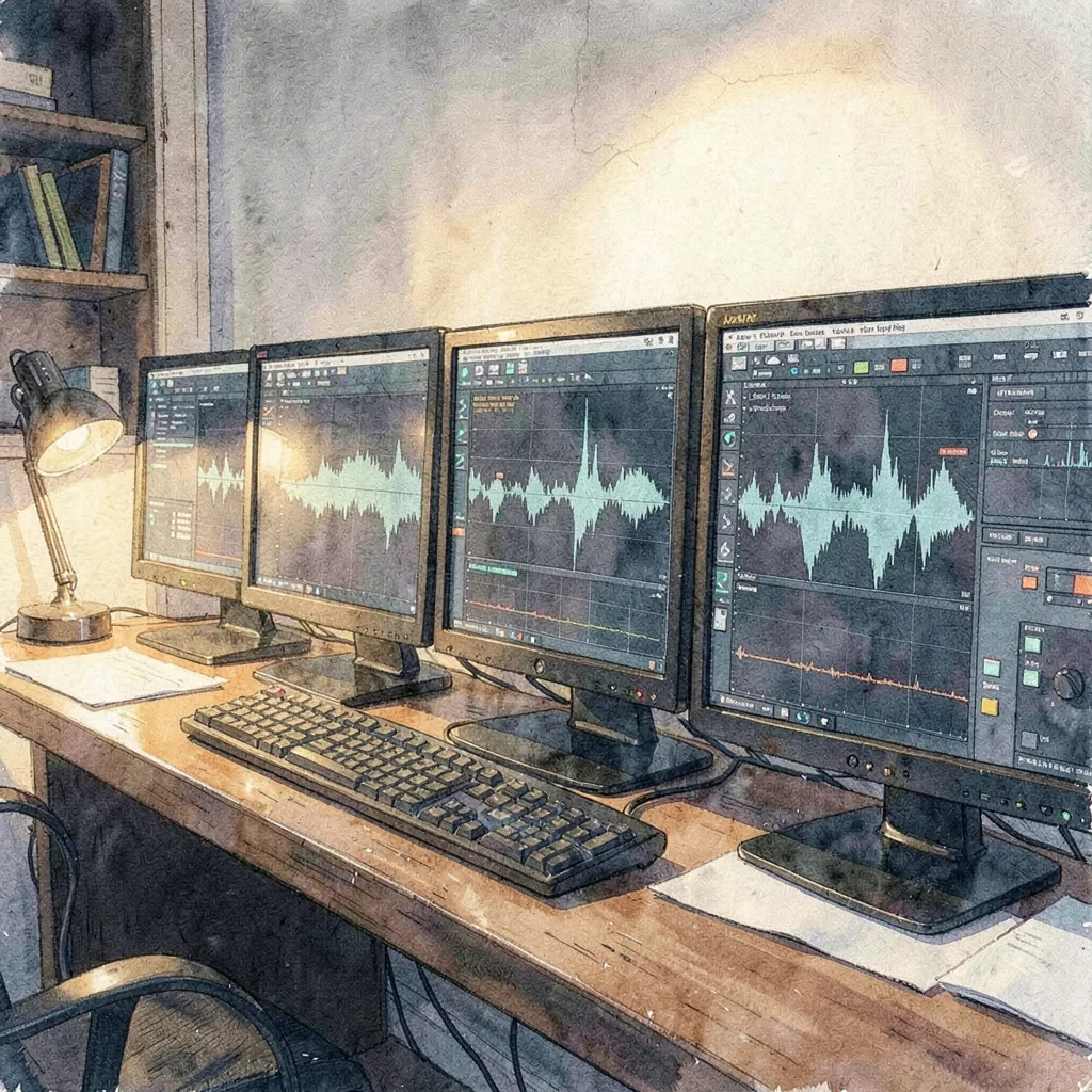 Tight detail of a row of monitors showing waveform editors, late evening tungste