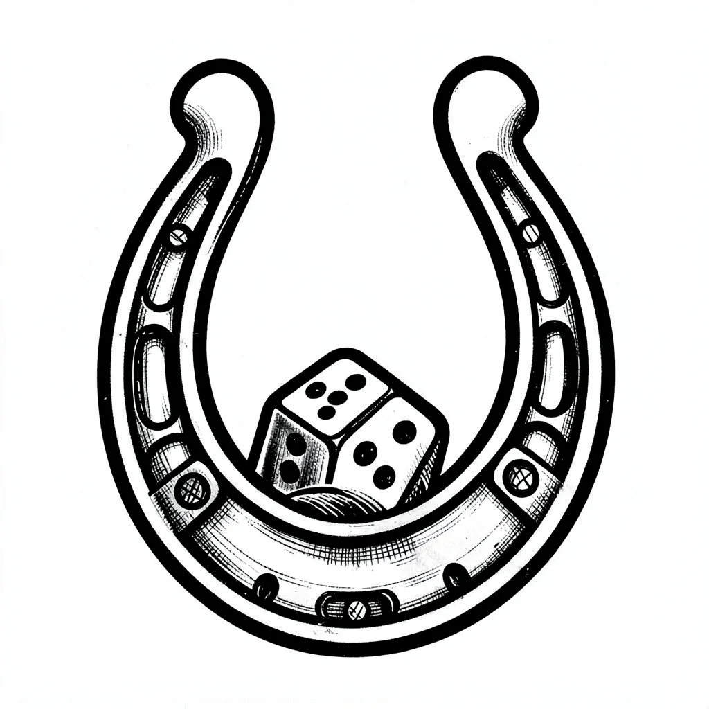 Traditional tattoo flash illustration, Horseshoe with dice inside , bold black o