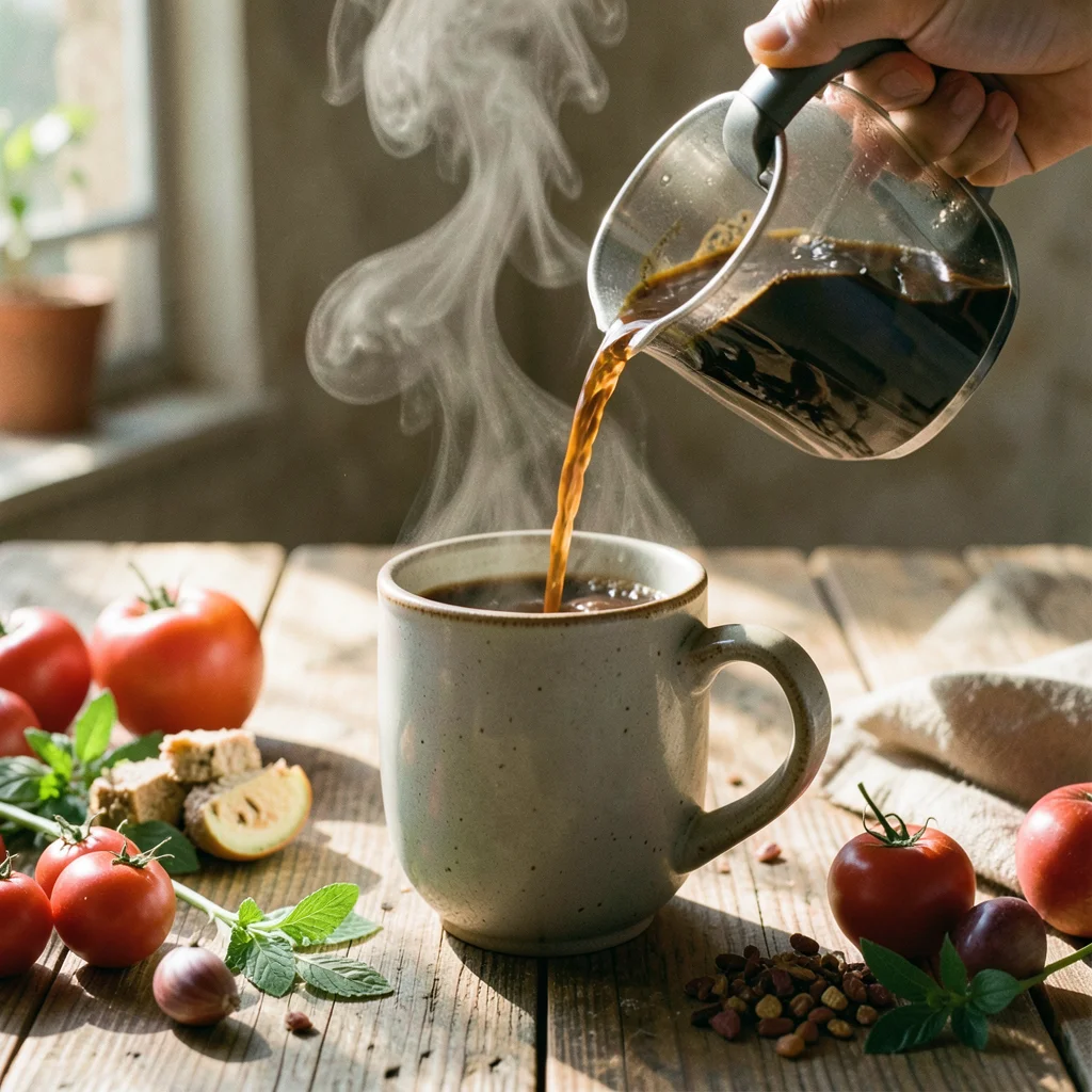 French press coffee being poured into a ceramic mug, steam rising in morning lig