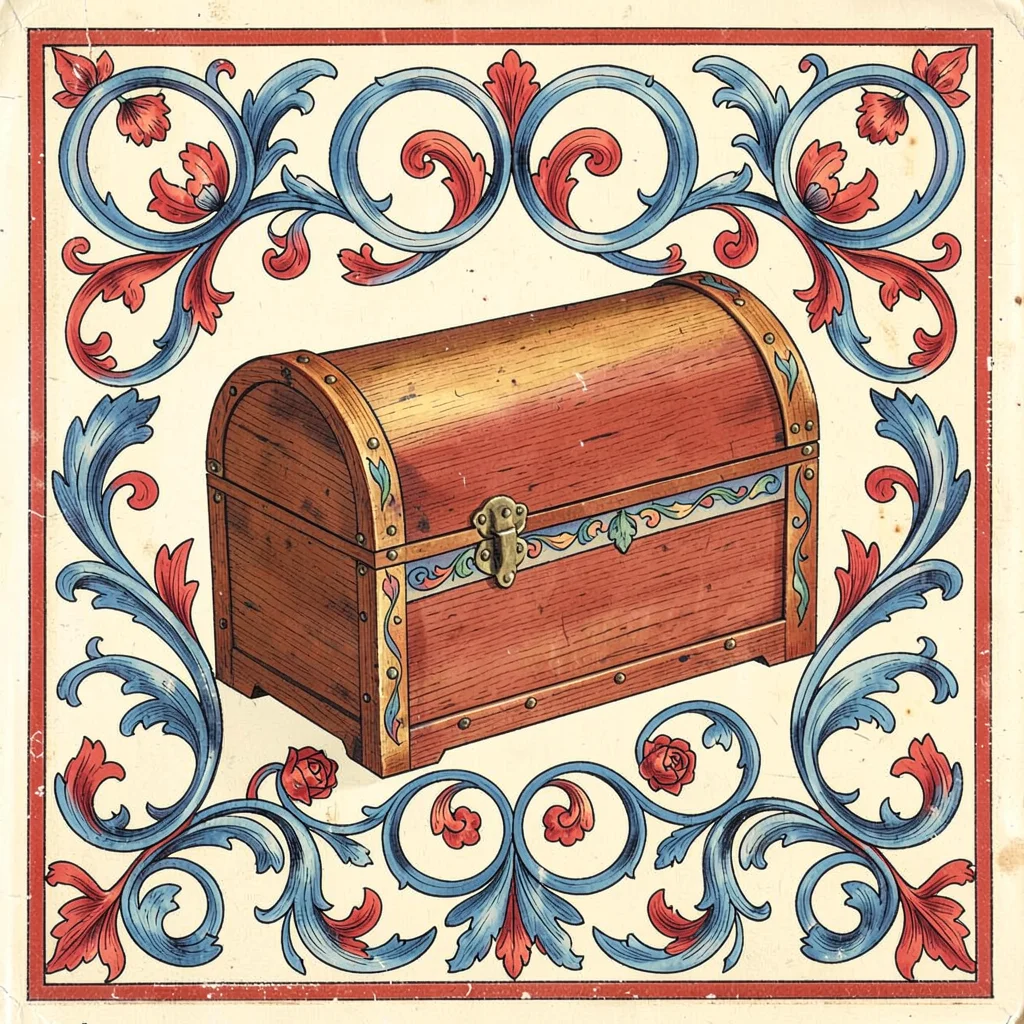 Scandinavian rosemaling illustration, a wooden trunk with flowing acanthus scrol