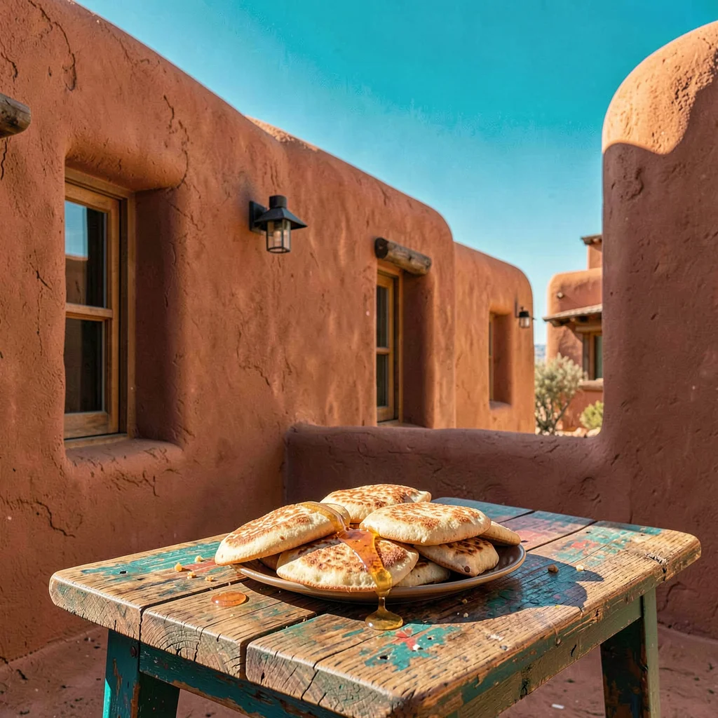 Santa Fe adobe warmth, high desert light clarity, Fresh sopaipillas with honey o