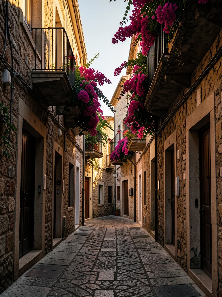 Narrow cobblestone alley in a Mediterranean town, bougainvillea hanging from bal