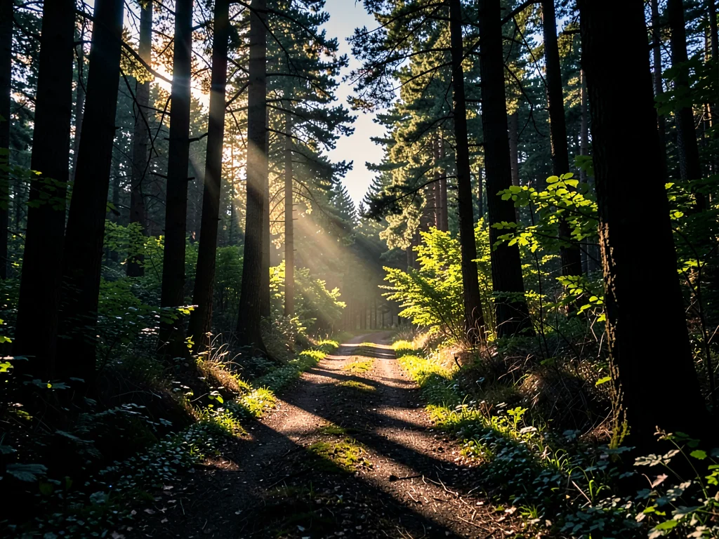 Forest path illuminated by last sky light