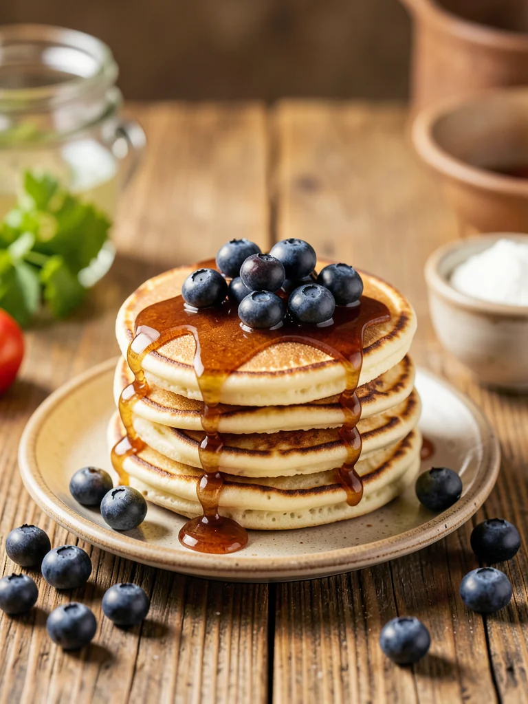 Stack of fluffy pancakes drizzled with maple syrup and topped with blueberries