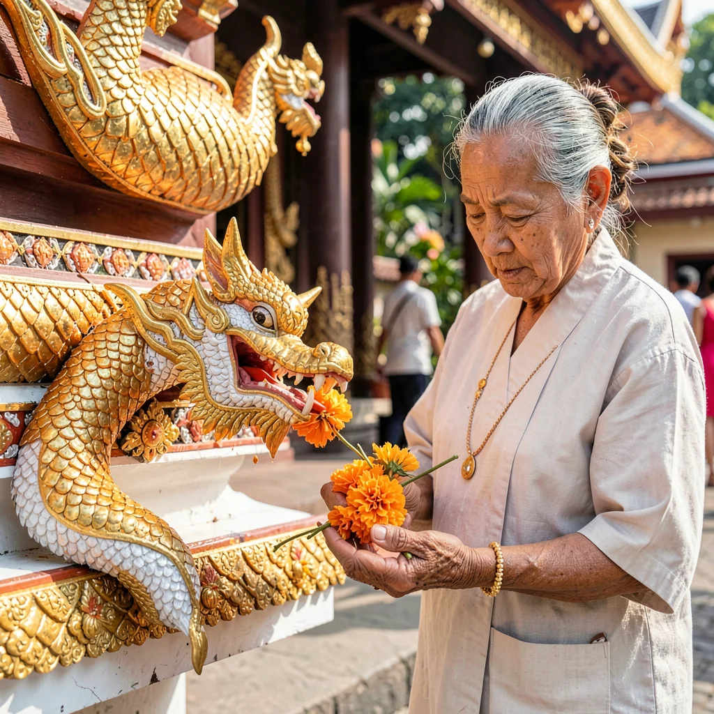 Lanna temple detail, Chiang Mai sacred ornament, elderly woman in white making o
