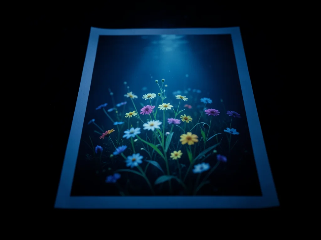 Lumen print of spring wildflowers placed directly on photo paper, ethereal resul