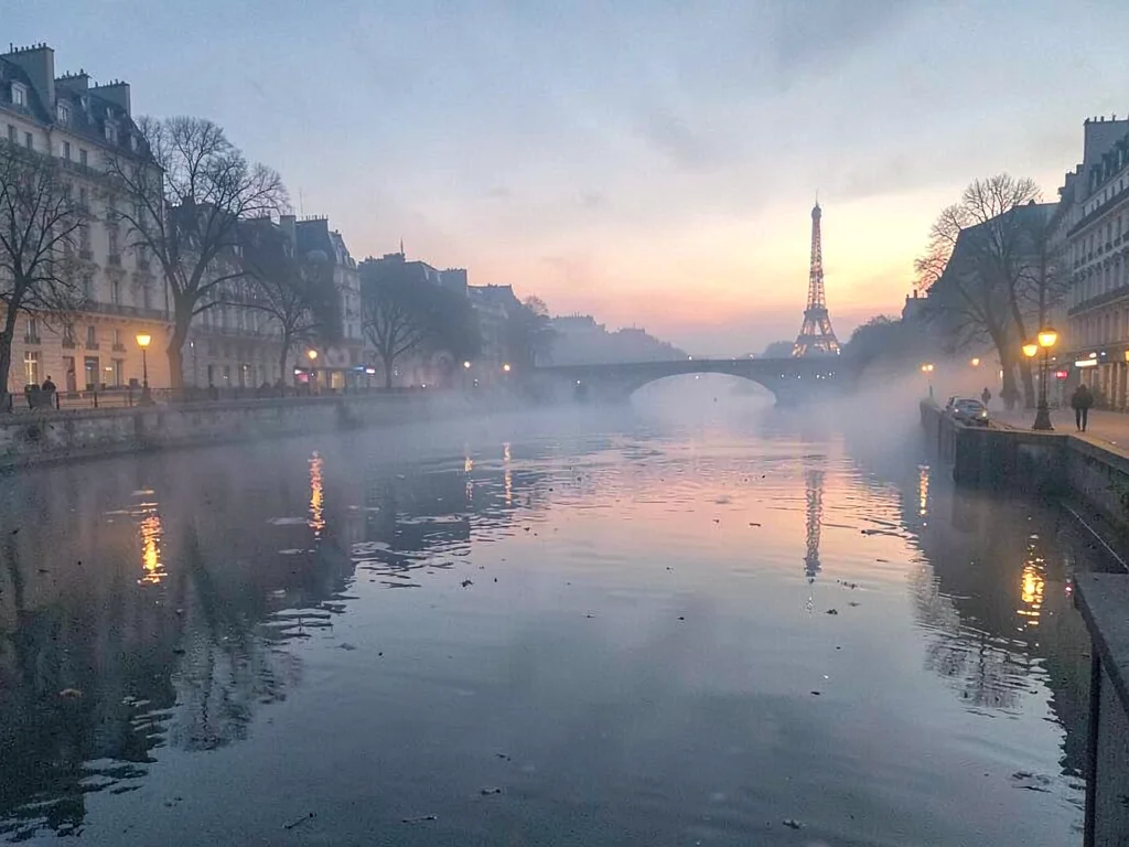 Quay lights reflecting on mist-shrouded water