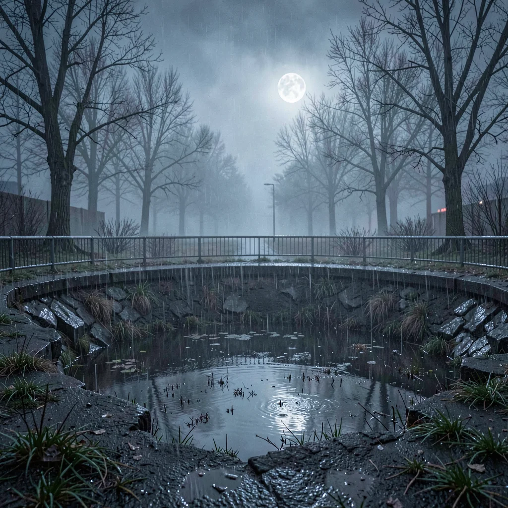 Nocturnal scene of an empty quarterpipe with rain pooled at the base