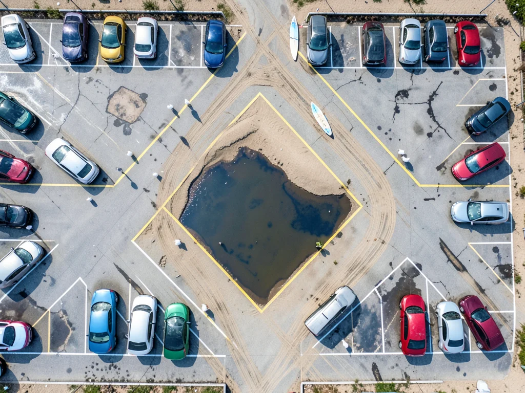 A coastal beach parking lot after a rainstorm, cars in a herringbone-angle parki