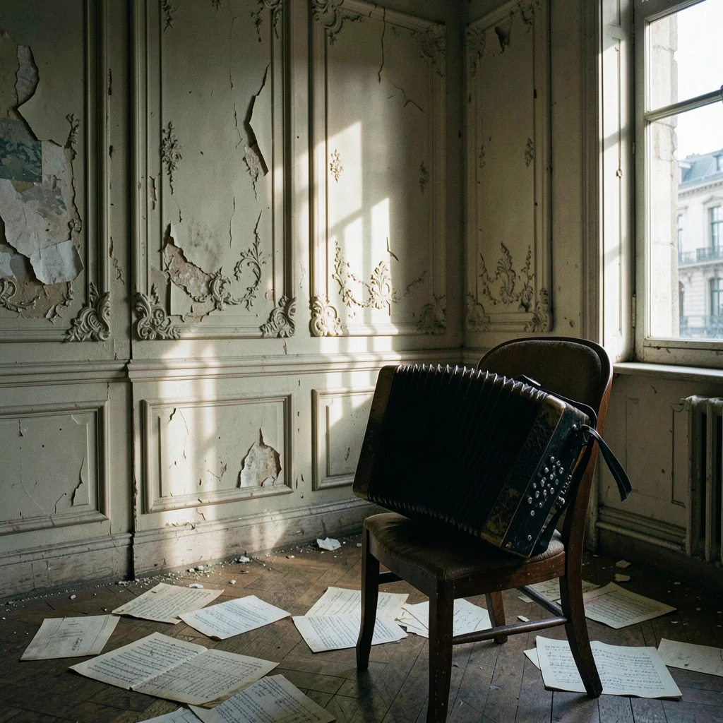 Buenos Aires faded grandeur, belle époque decay, A bandoneon resting on a chair 