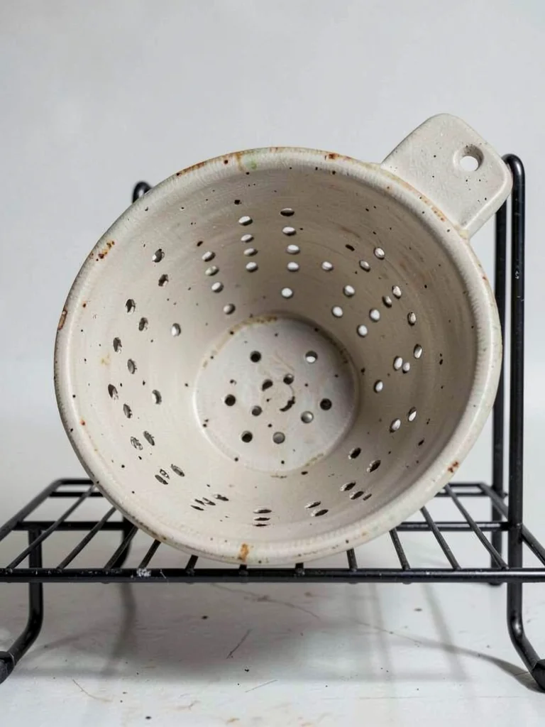 A ceramic colander with punched holes, raw stoneware, drying upside down on a ra