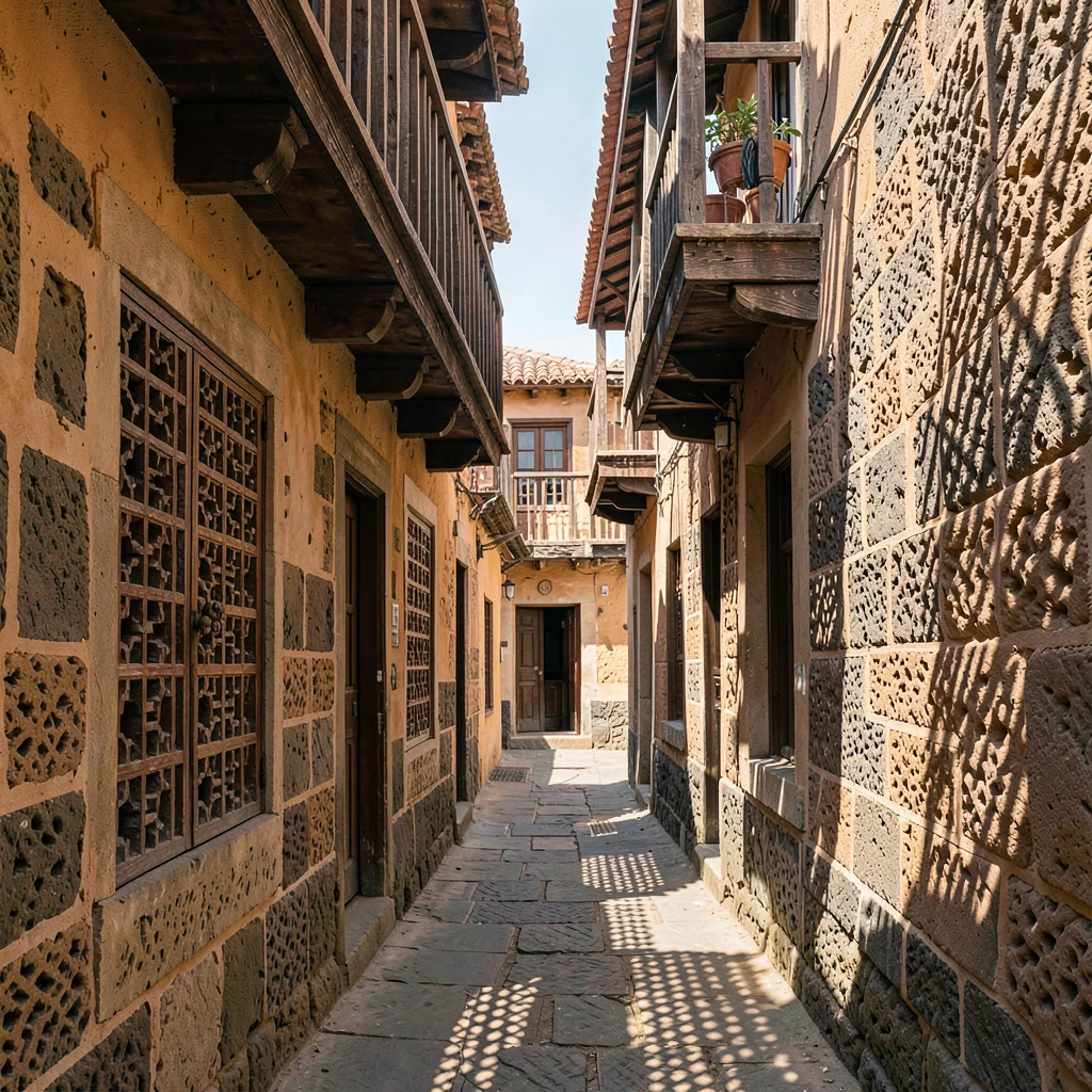 Afternoon sun through mashrabiya lattice in Lamu, Kenya, Narrow Lamu alley, shad