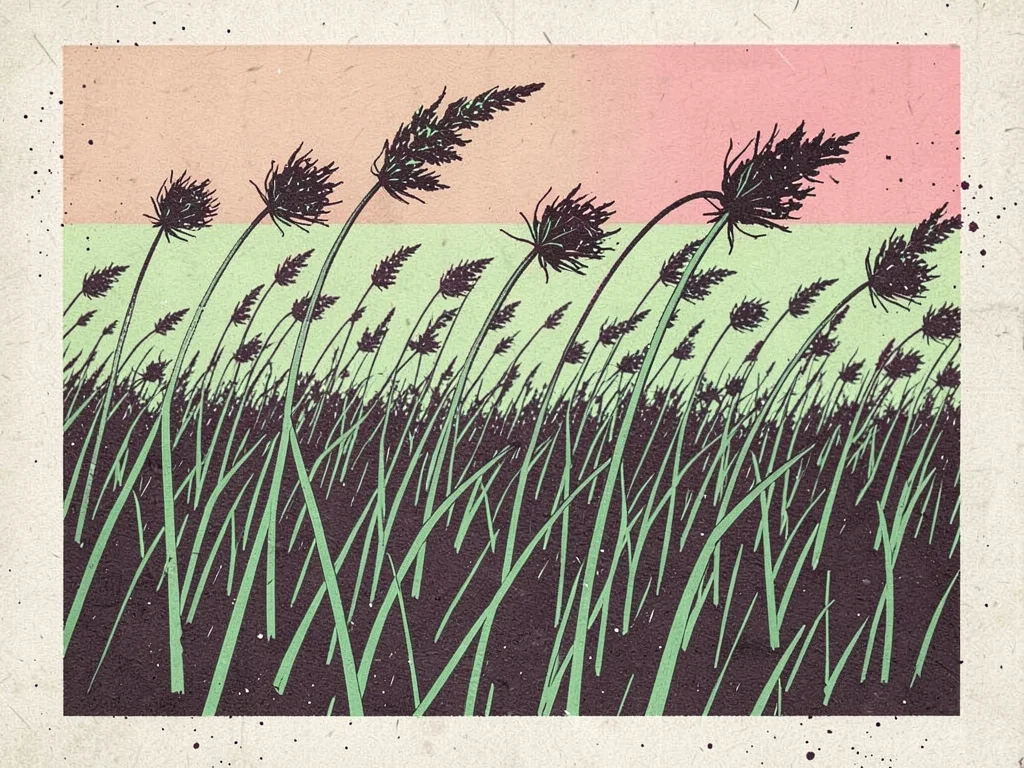 A field of tall grass with seed heads bending in a breeze, flat color field beyo
