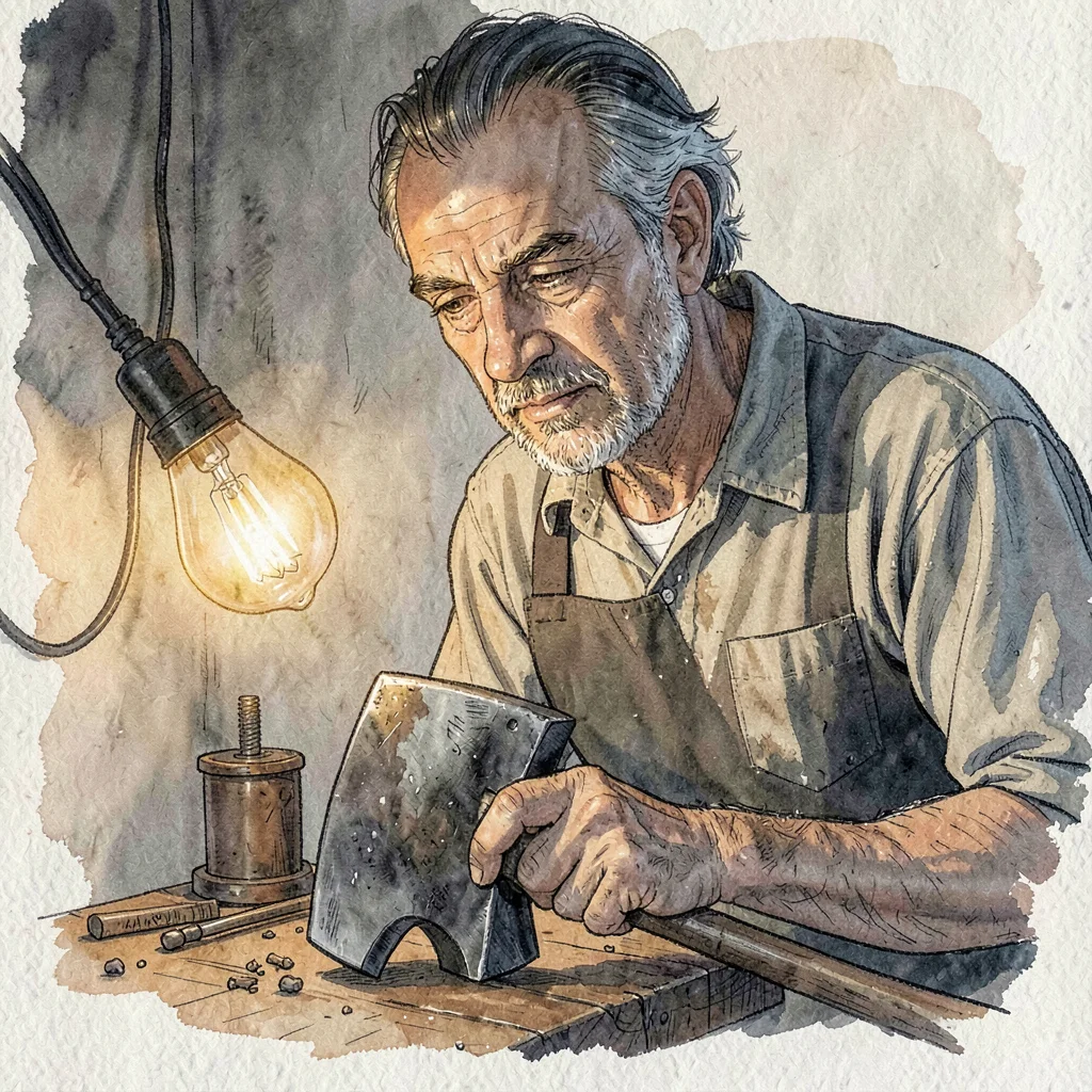 Artisan portrait of a maker grinding the bevel on a finished axe head, single wa