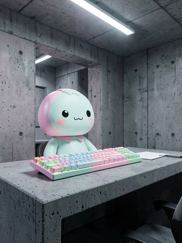 Pastel mechanical keyboard on concrete desk, brutalist office aesthetic, cold cu