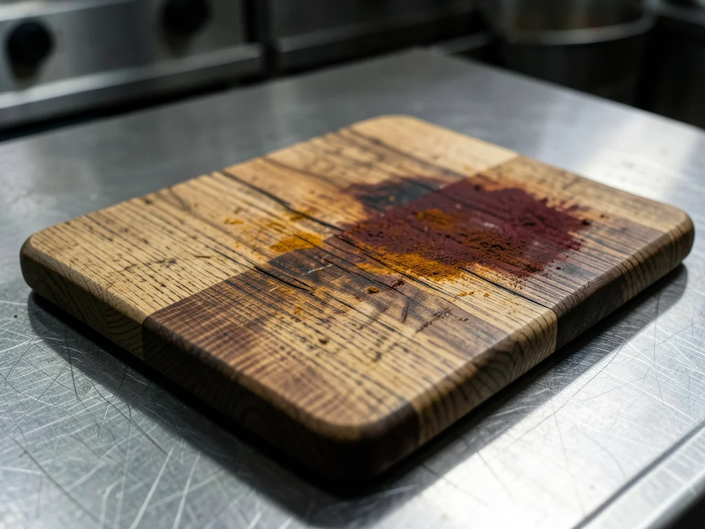 The surface of a well-used cutting board in a professional kitchen, end-grain ma