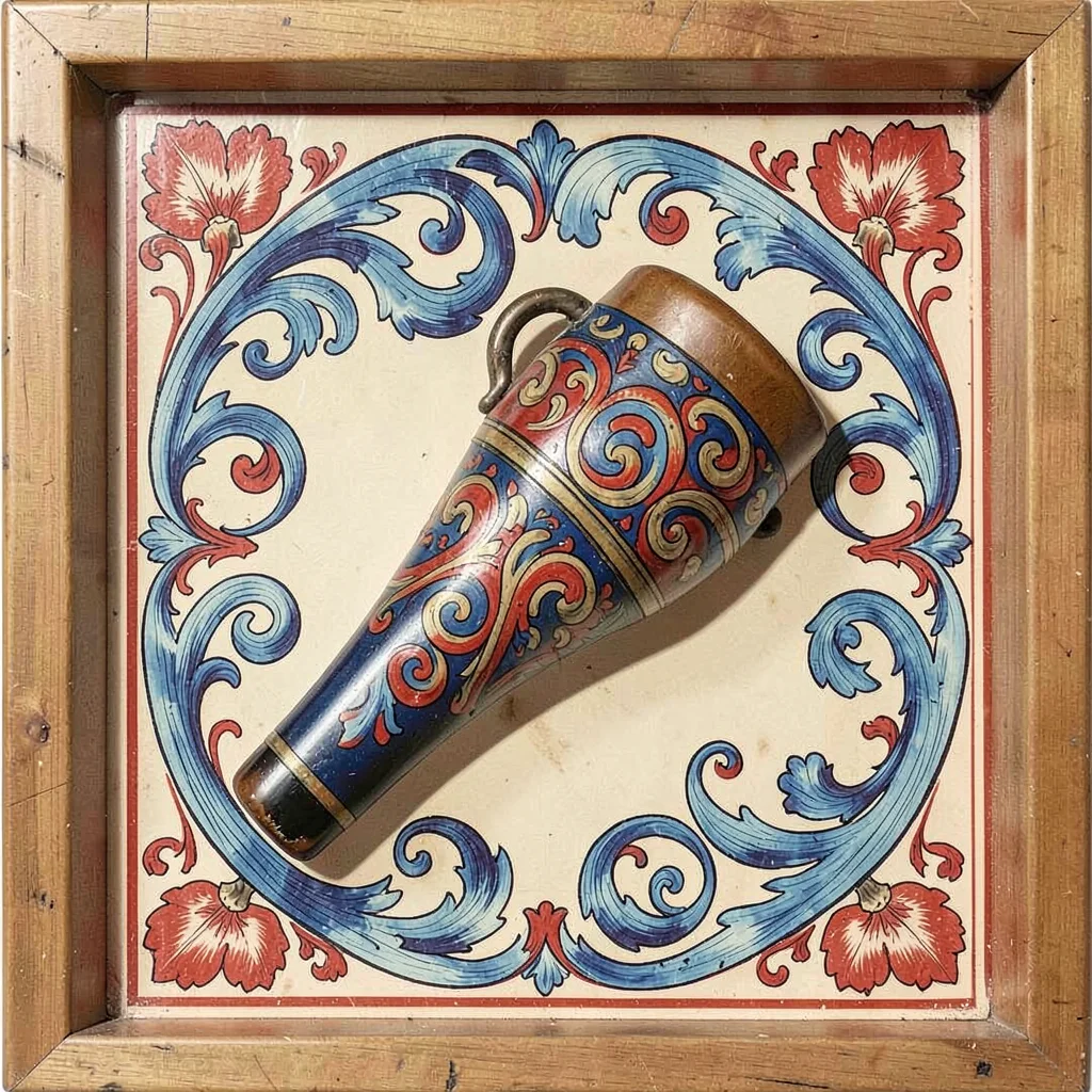 Scandinavian rosemaling illustration, a powder horn with folk painted decoration