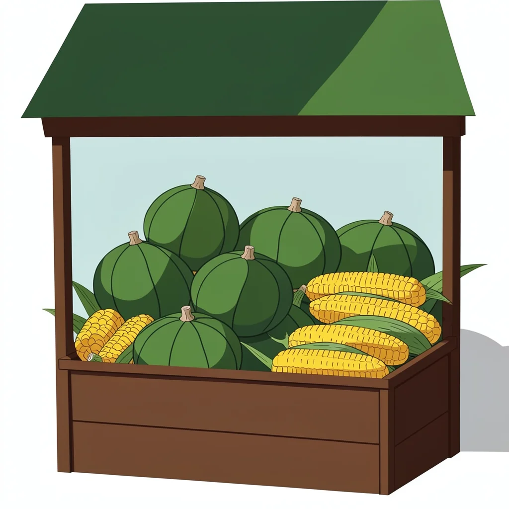 Farm stand with stacked melons and corn, bold overhead graphic arrangement
