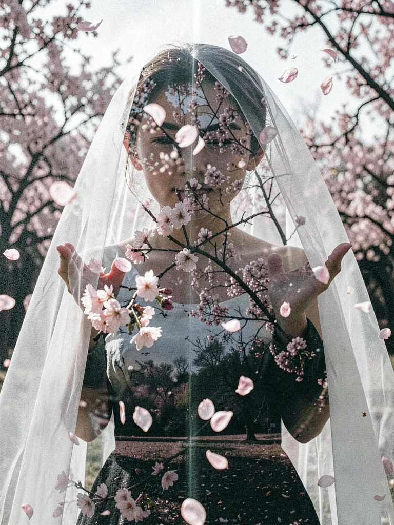 Bride containing cherry blossoms, fleeting beauty acknowledged, petals falling t