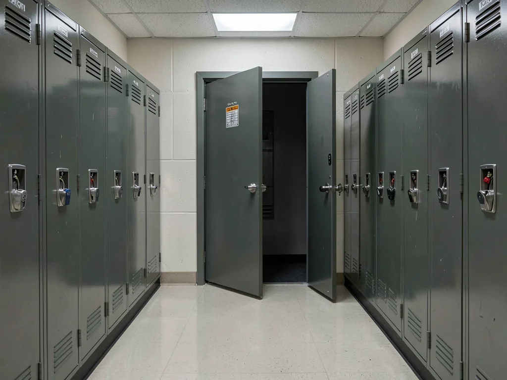 School lockers, every door closed except the exact middle one, gaping open