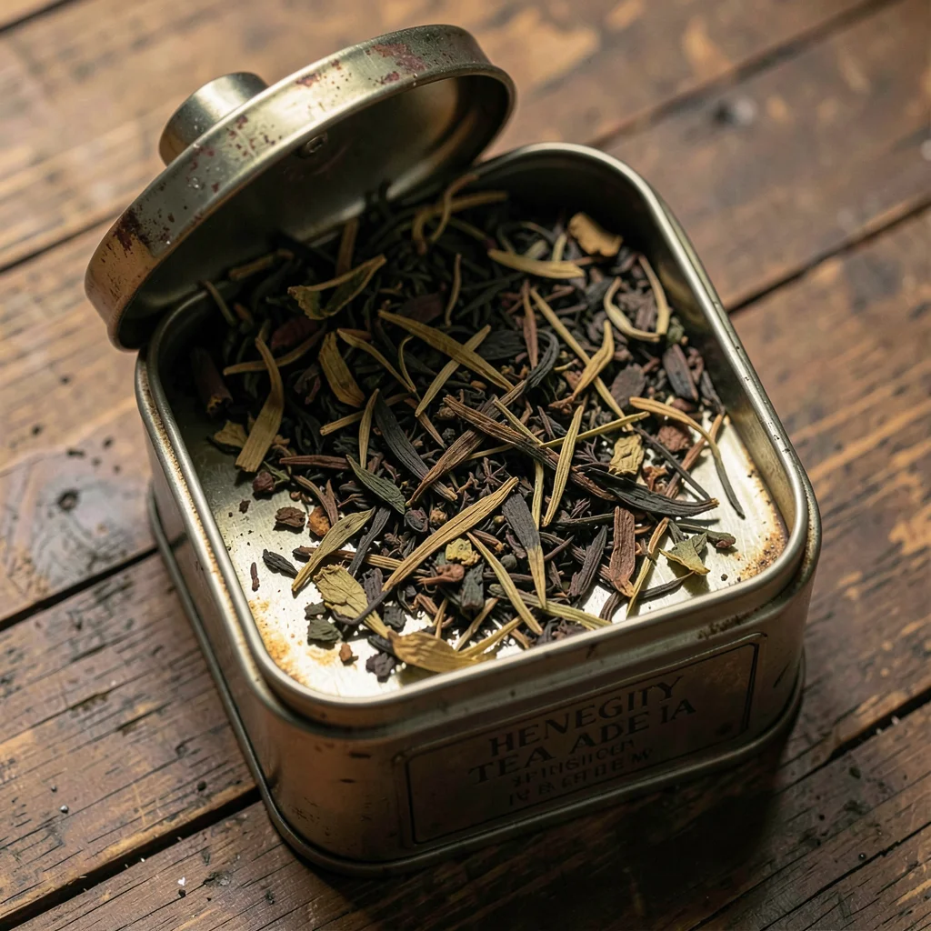 Loose Leaf Tea Spilled Open Tin Overhead