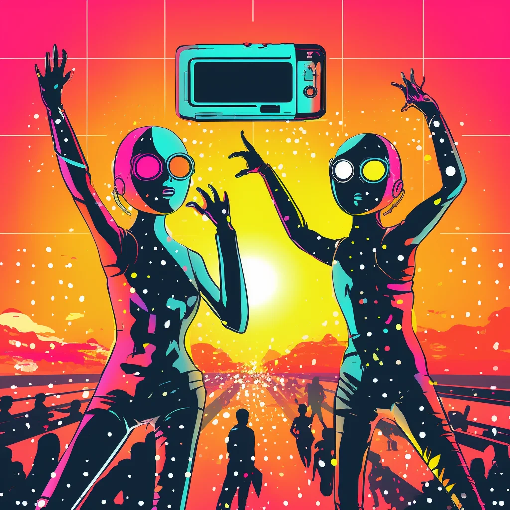 Alien Teens with retro VHS camera filming TikTok danc
