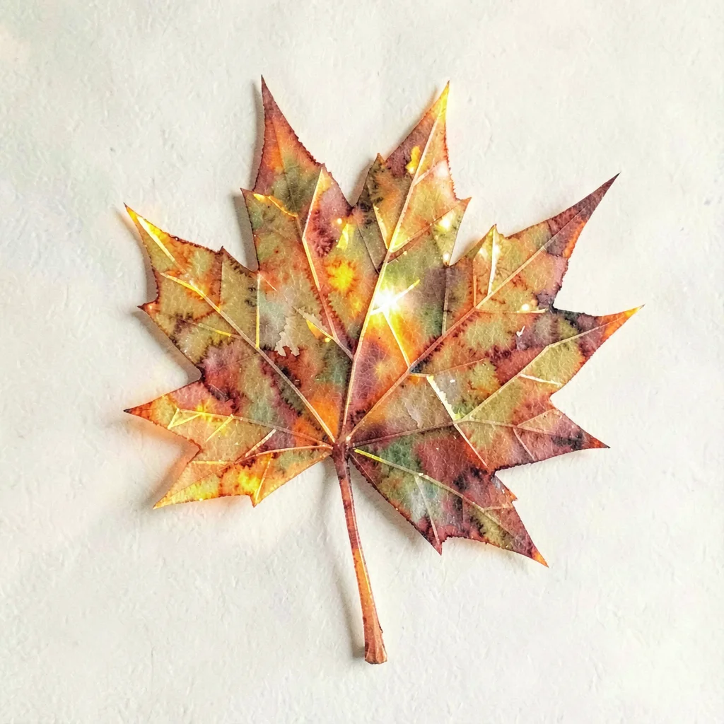 Amber lowpoly maple leaf with sharply faceted lobes and warm orange refractions 