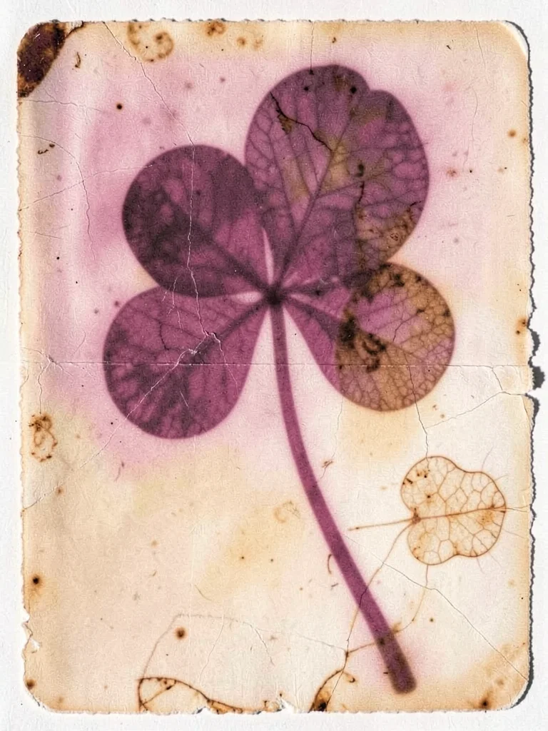 Pressed four-leaf clover specimen, luck immortalized in slowly fading unfixed lu