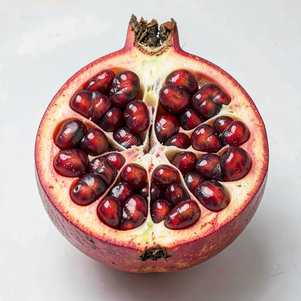 A pomegranate cut precisely in half, revealing the geometric chambers of arils