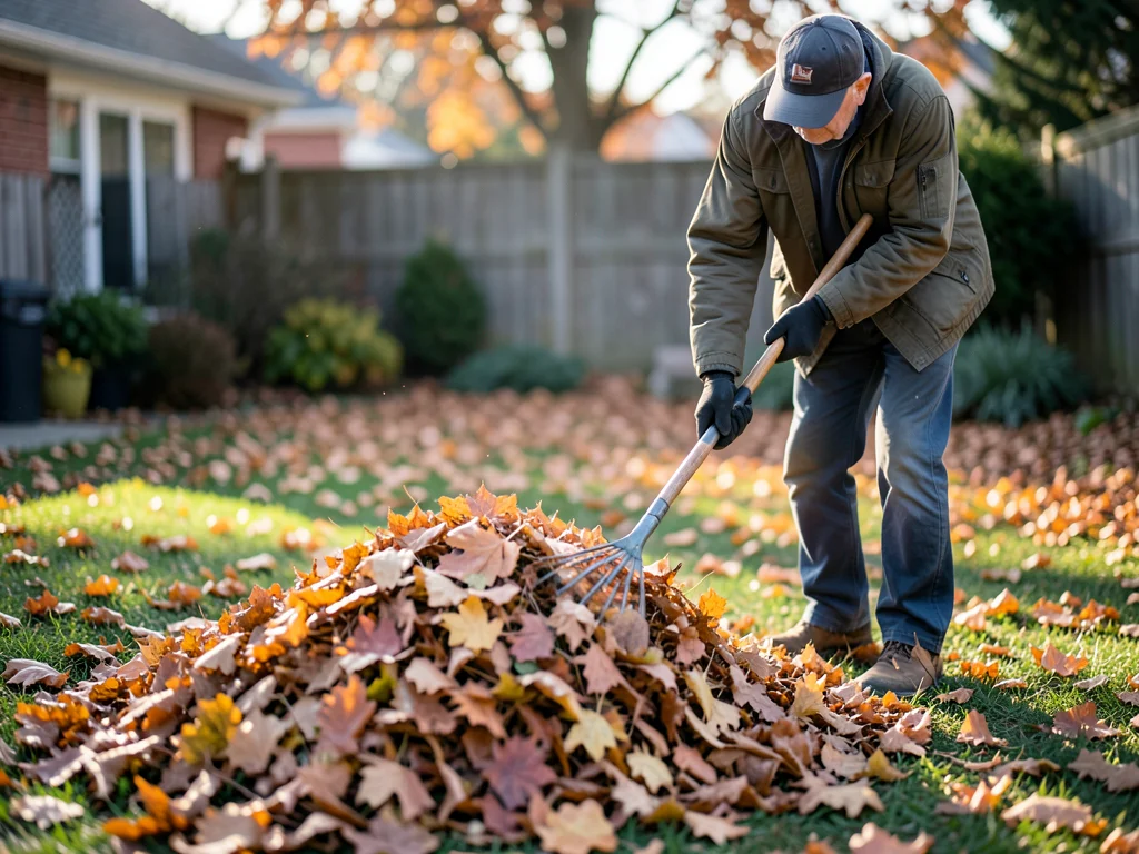 Raking autumn leaves in backyard, pile growing, crisp afternoon